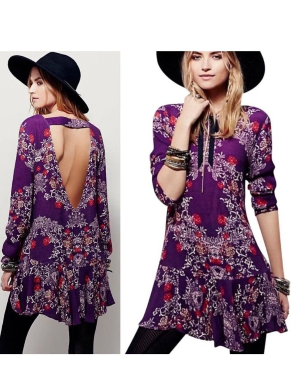 Free People Purple Floral Print Open Back Mini Dress